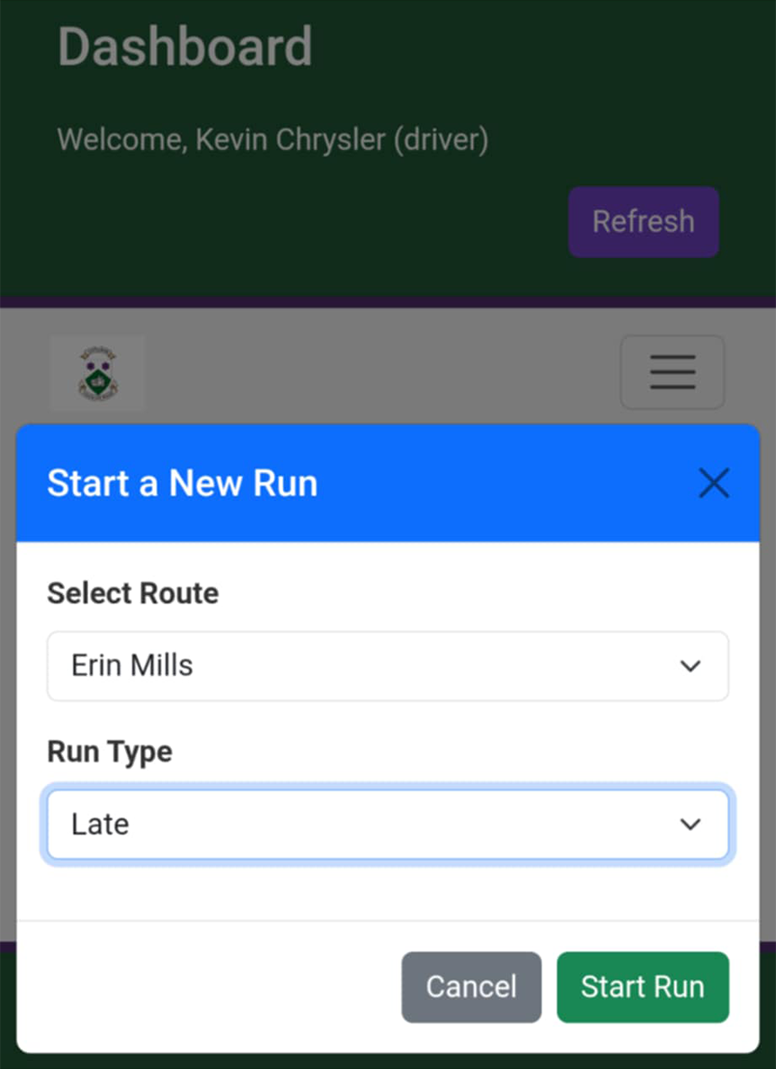 Select Run Type dropdown listing run types such as AM or PM
